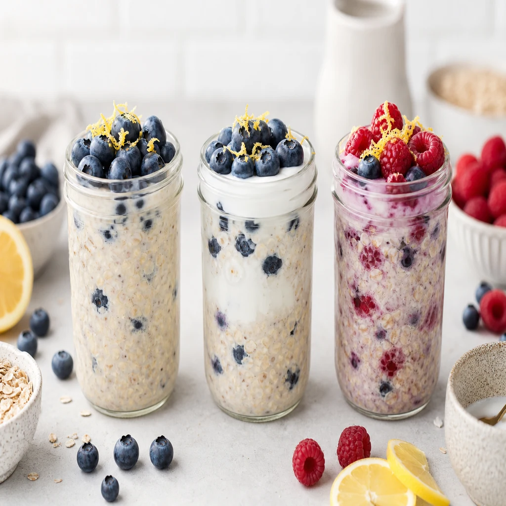 Three variations of lemon blueberry overnight oats including high-protein and mixed berry styles