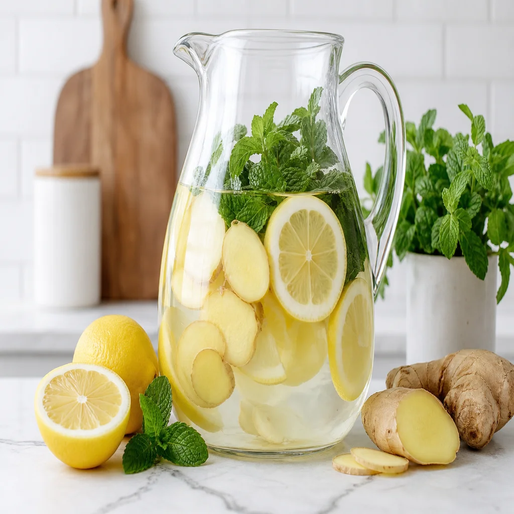 Combining lemon and ginger slices in a pitcher for detox water