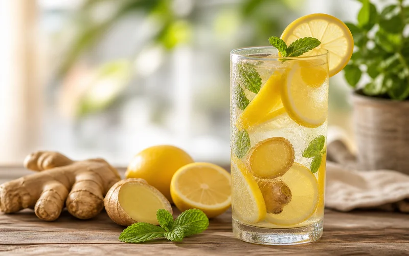 Refreshing lemon ginger detox water in a glass with lemon and mint garnish