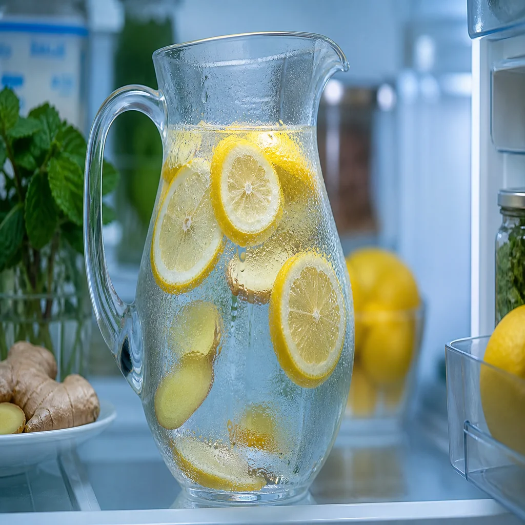 Lemon ginger detox water infusing in the refrigerator