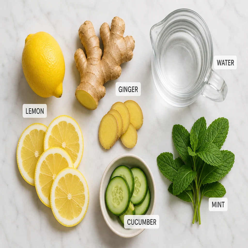Fresh lemon, ginger root, mint, and filtered water ingredients for lemon ginger detox water