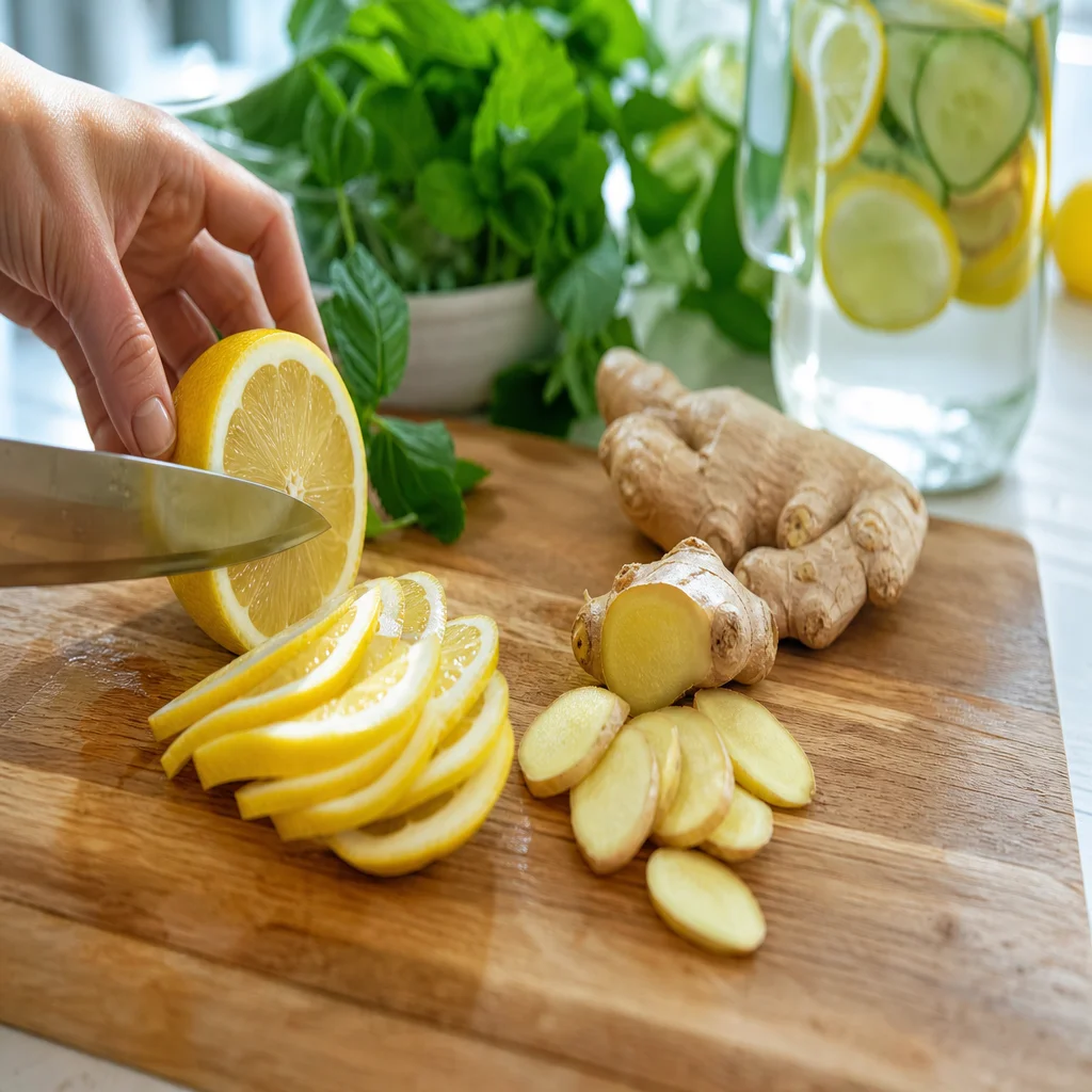 Slicing fresh lemon and ginger for lemon ginger detox water recipe