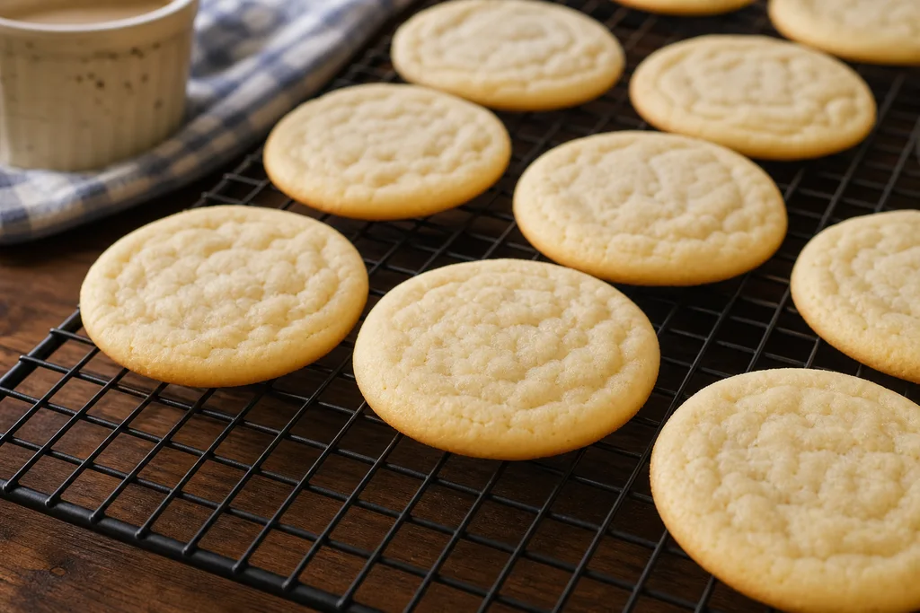 Baked soft sugar cookies cooling on a wire rack