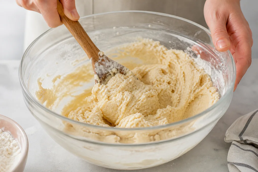 Mixing soft sugar cookie dough in a bowl for Lofthouse style cookies