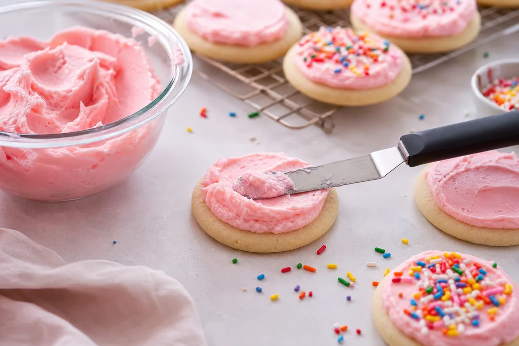 Spreading pink buttercream frosting on soft Lofthouse style cookies