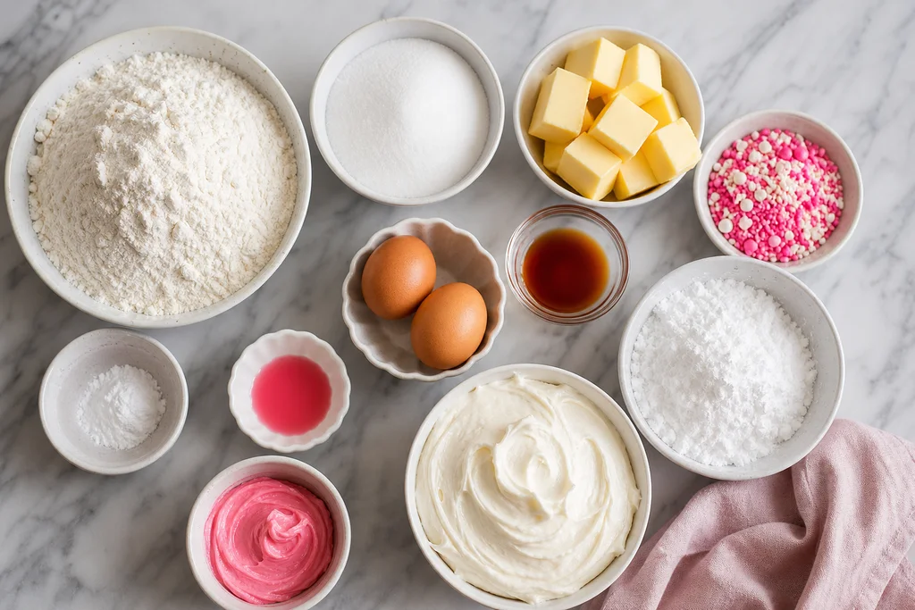 Ingredients for soft Lofthouse style frosted sugar cookies including flour butter and sprinkles