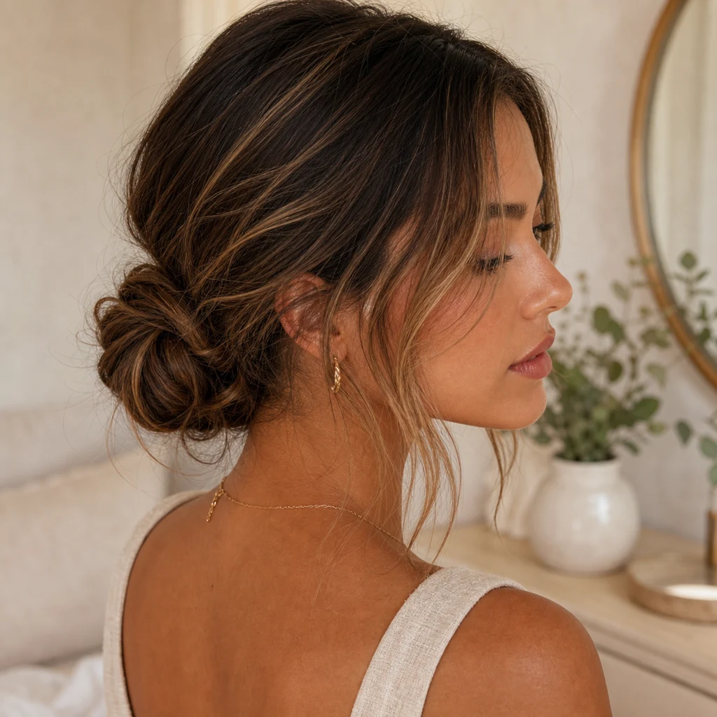 Loose low bun with face framing strands for summer