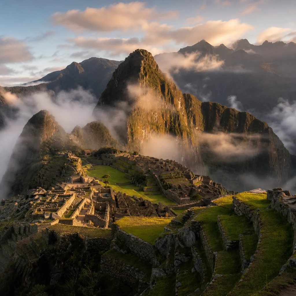 Machu Picchu ancient Inca citadel on a misty Andes mountain ridge at sunrise
