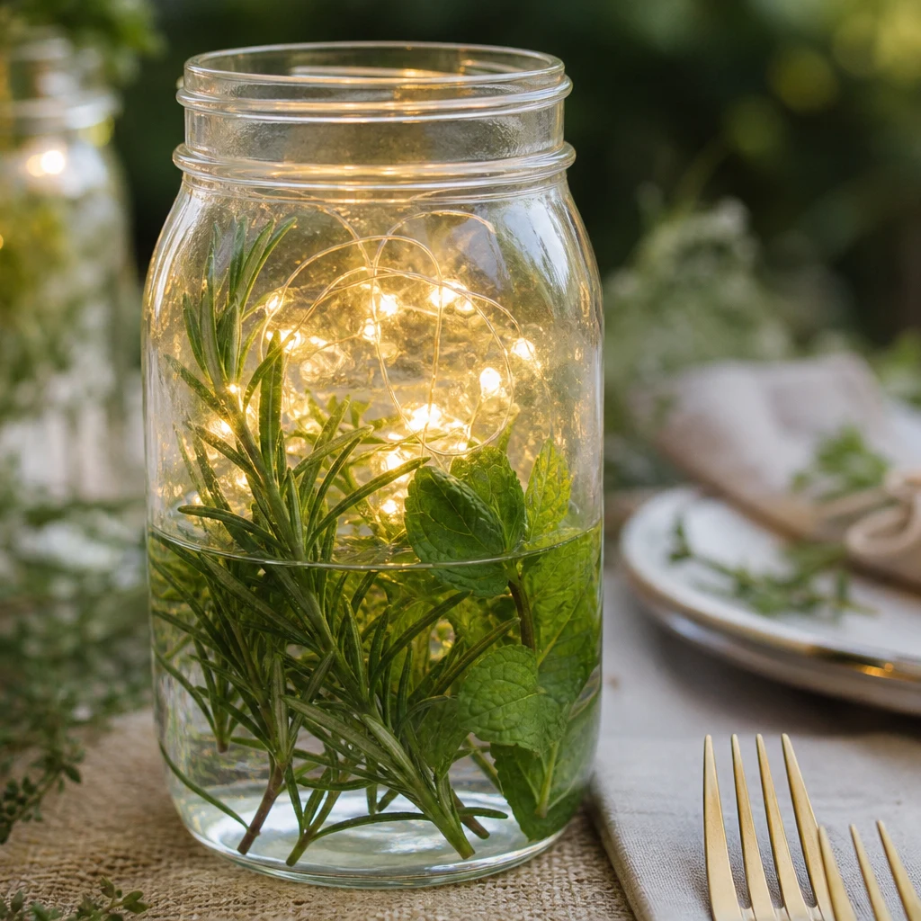 Mason jar lantern filled with greenery and herbs for garden party decor