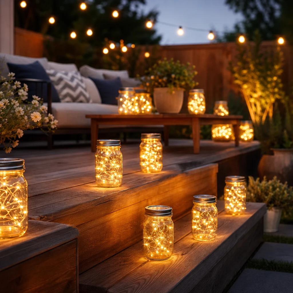 Outdoor patio at night with string lights and mason jar lantern glow