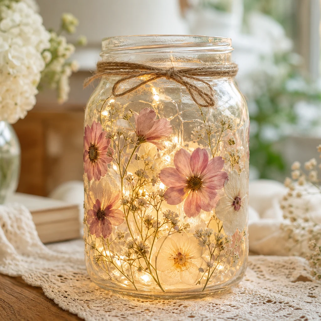 Cottagecore mason jar lantern styled with fresh flowers and soft natural light