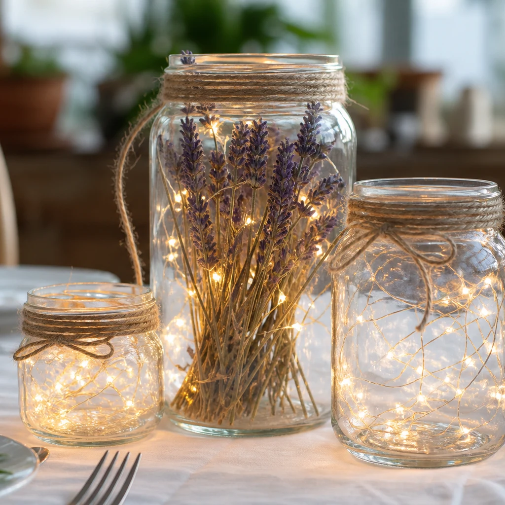 Grouped mason jar lanterns as a romantic summer table centerpiece