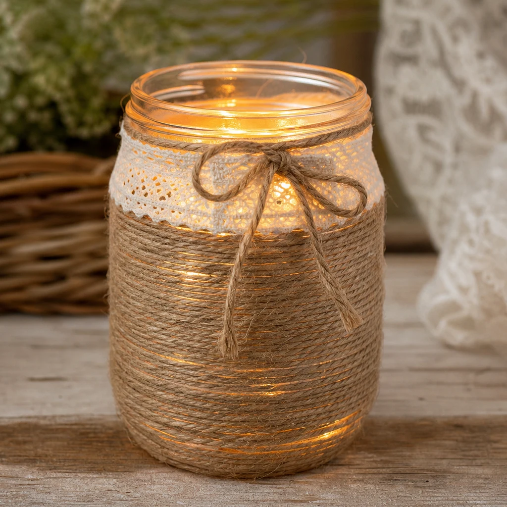 Twine wrapped mason jar lantern with cozy cottagecore decor styling