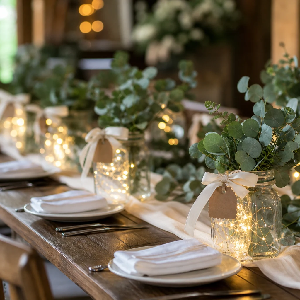 Mason jar lanterns styled on a long table for a summer wedding reception