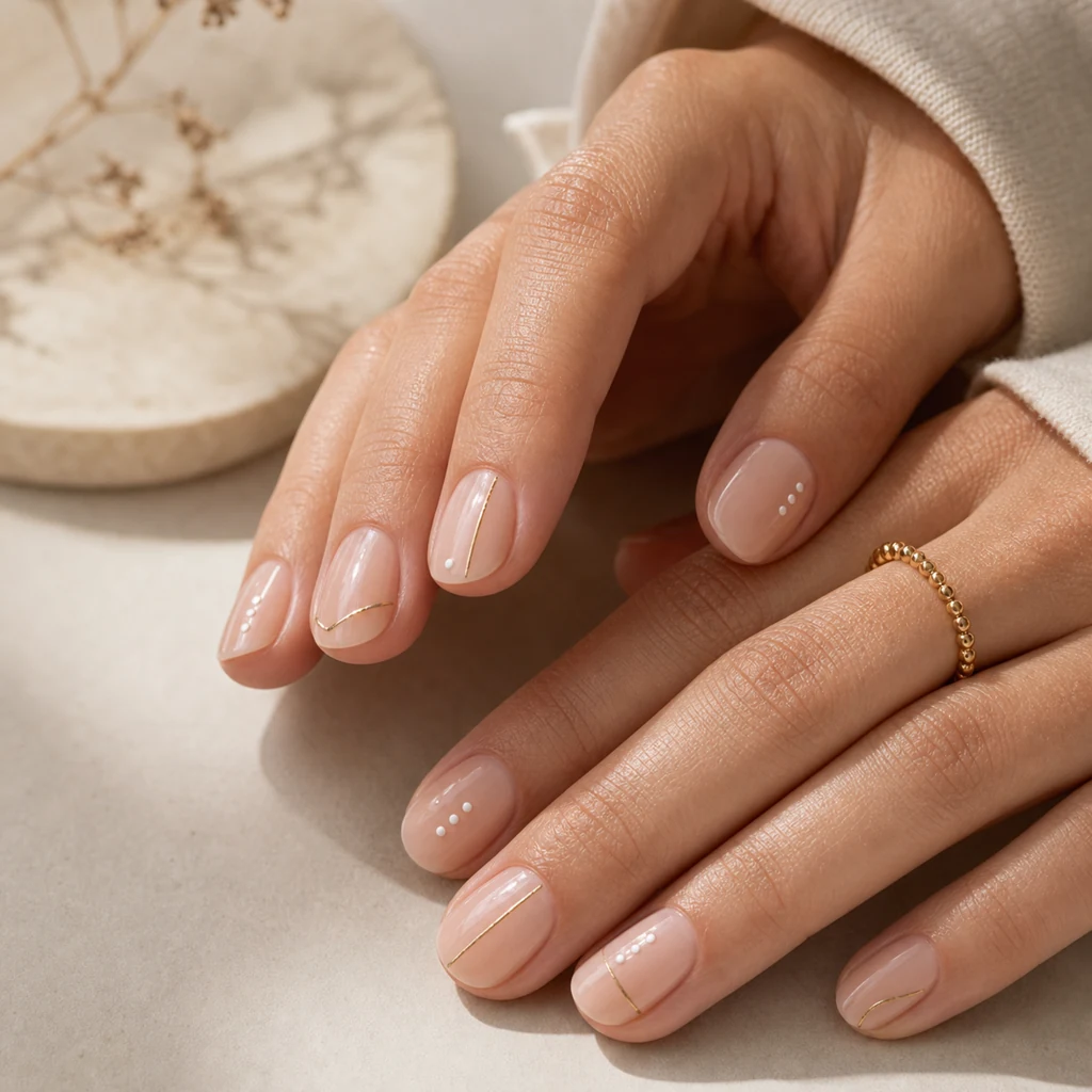 Minimalist nude nails with tiny dots and thin gold lines