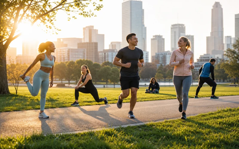 Group morning workout at sunrise in an urban park
