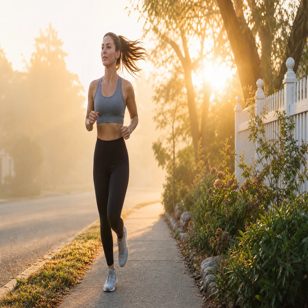 Woman jogging at sunrise for a consistent no-excuses morning workout routine