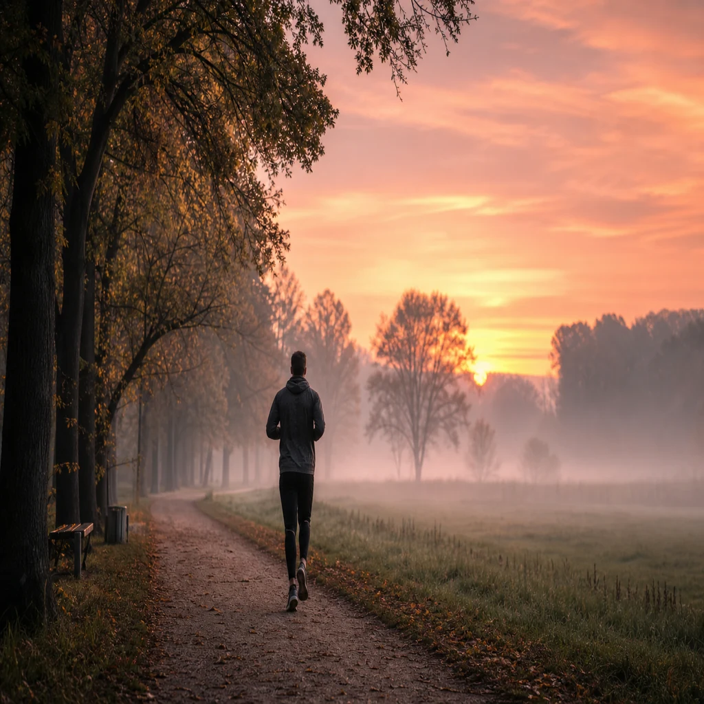 Peaceful sunrise jog giving quiet time to think during a morning workout
