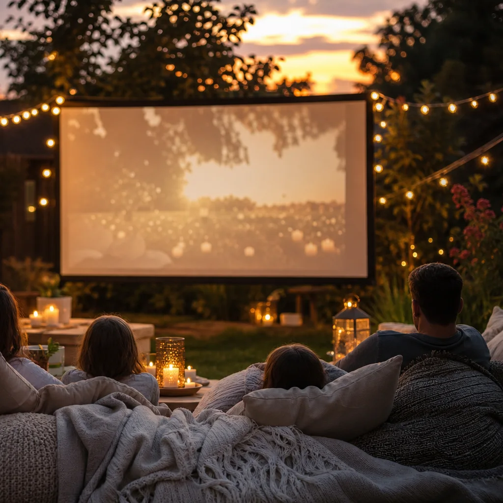 Backyard outdoor movie night setup with projector screen, string lights, and cozy seating
