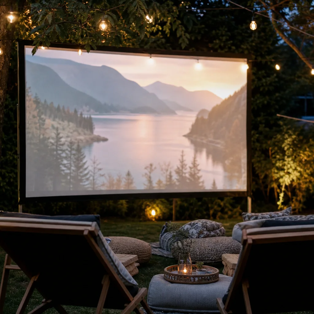 Outdoor movie projector screen with lawn chairs in a backyard at twilight