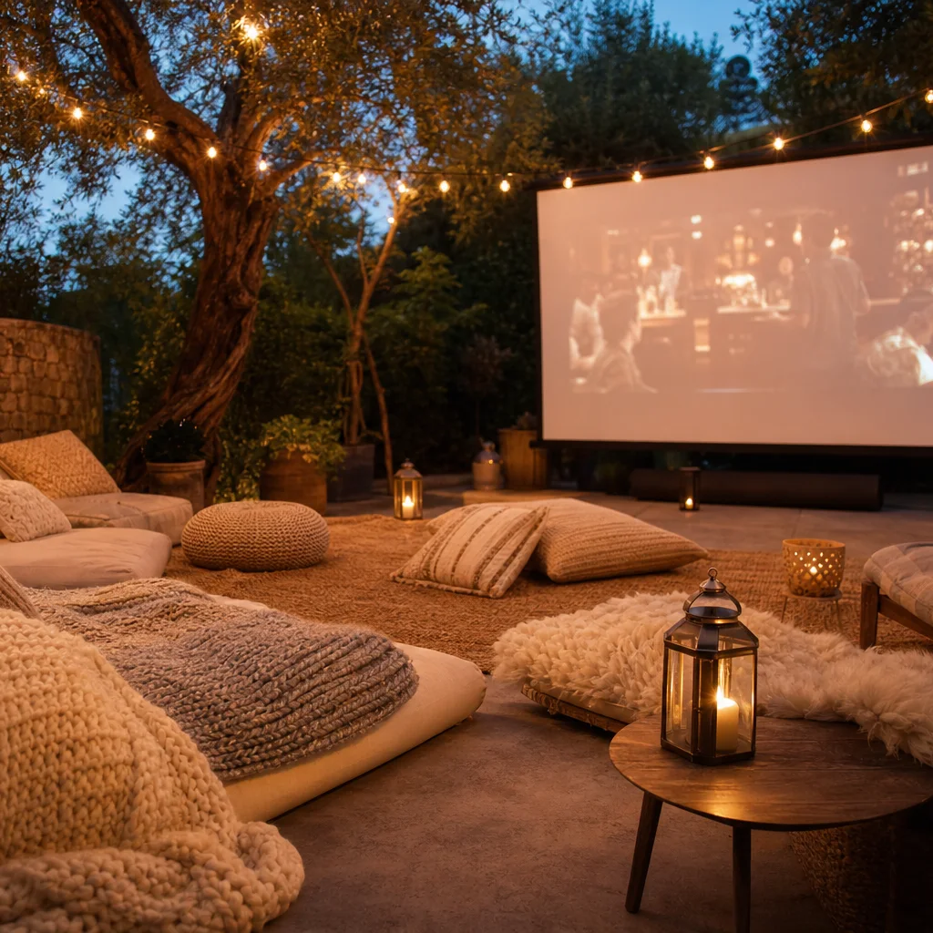 Cozy outdoor movie seating with blankets, pillows, and poufs under string lights