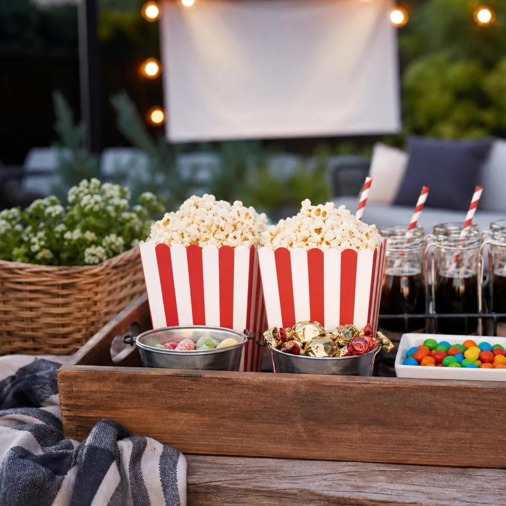 Outdoor movie night snack station with popcorn buckets and drinks on a patio table