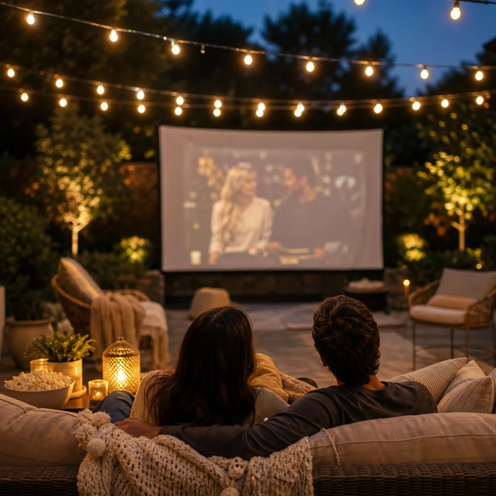 Backyard patio with warm fairy string lights for outdoor movie night ambiance