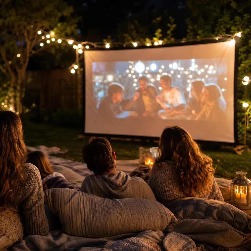 Friends and family watching a movie on an outdoor projector screen in the backyard