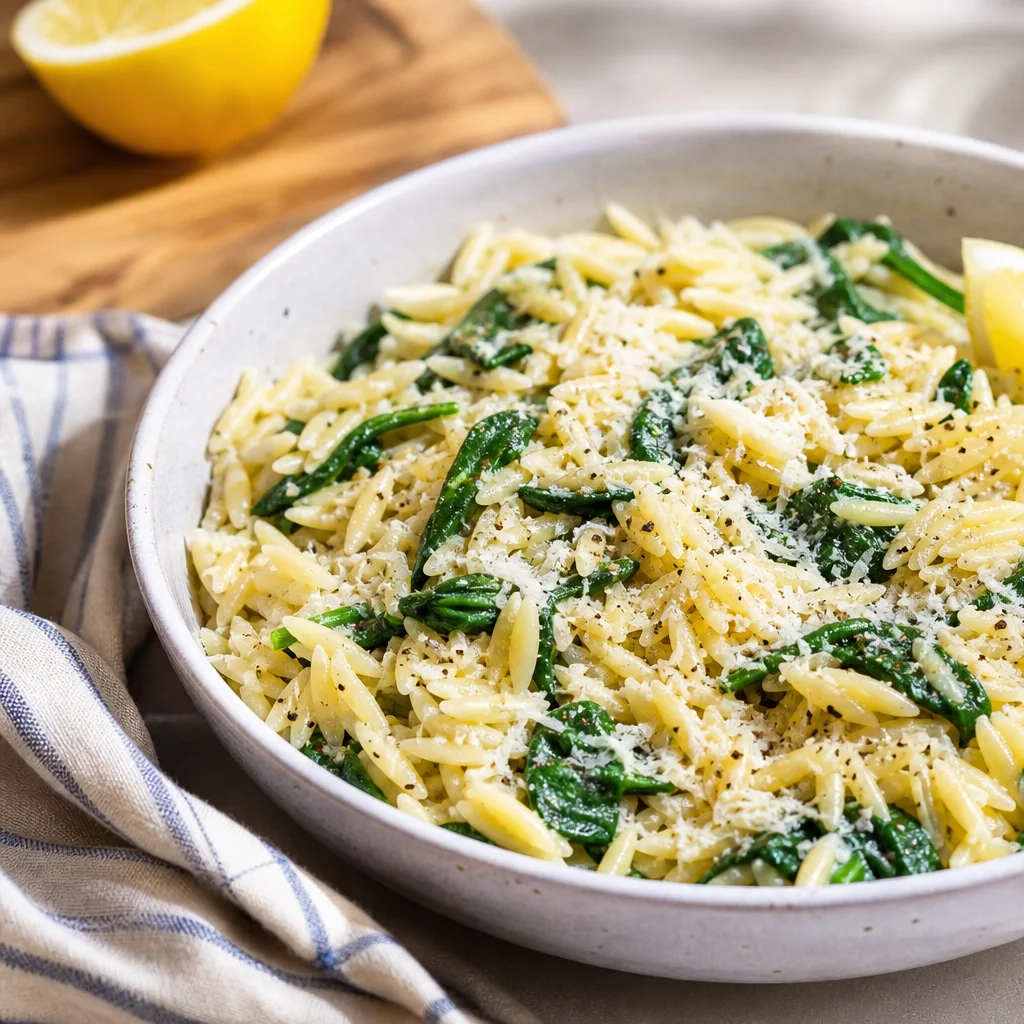 Lemon garlic orzo pasta with spinach, parmesan, and lemon in a bowl