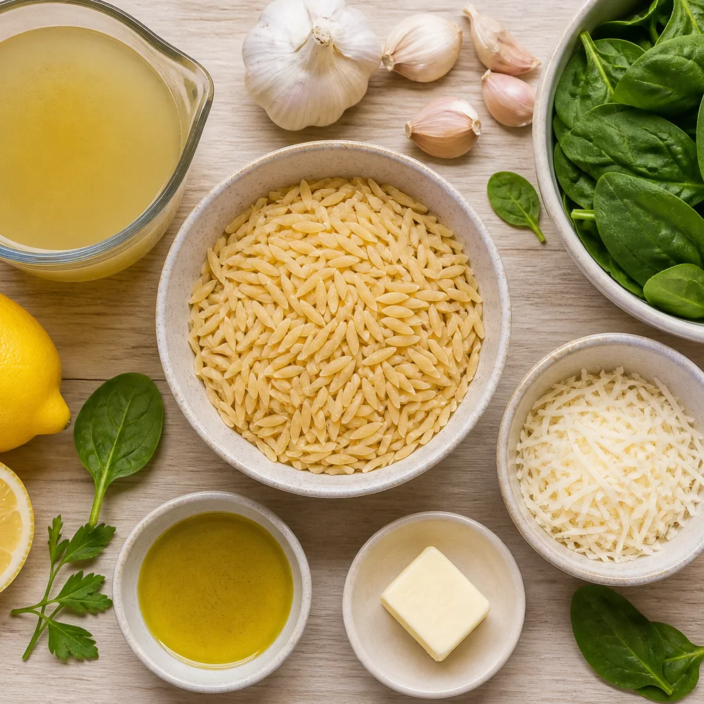 Lemon garlic orzo ingredients including orzo, lemon, garlic, spinach, and parmesan