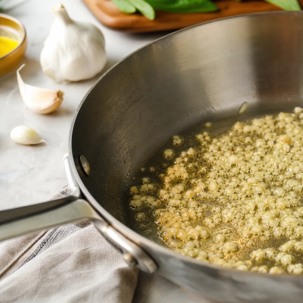 Garlic sautéing in butter and olive oil for lemon orzo pasta