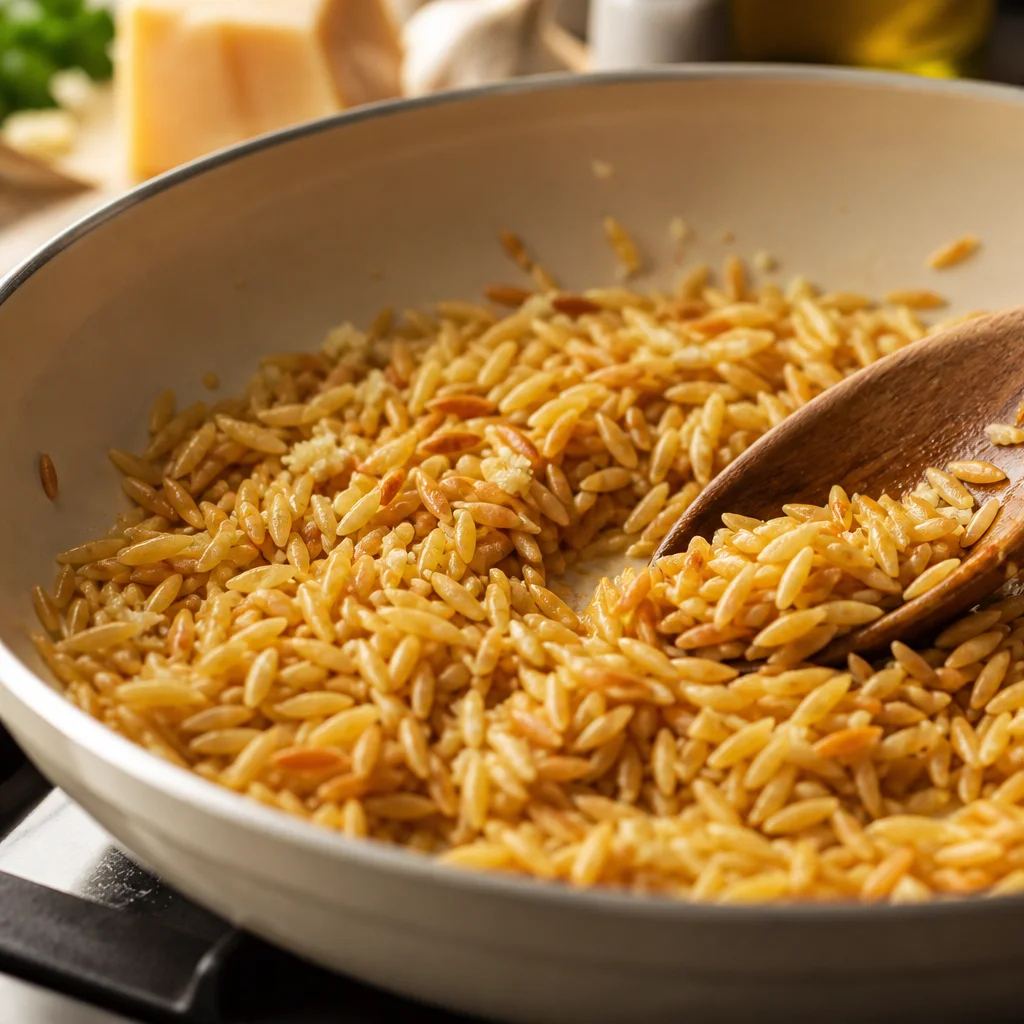 Dry orzo pasta toasting in a skillet with garlic