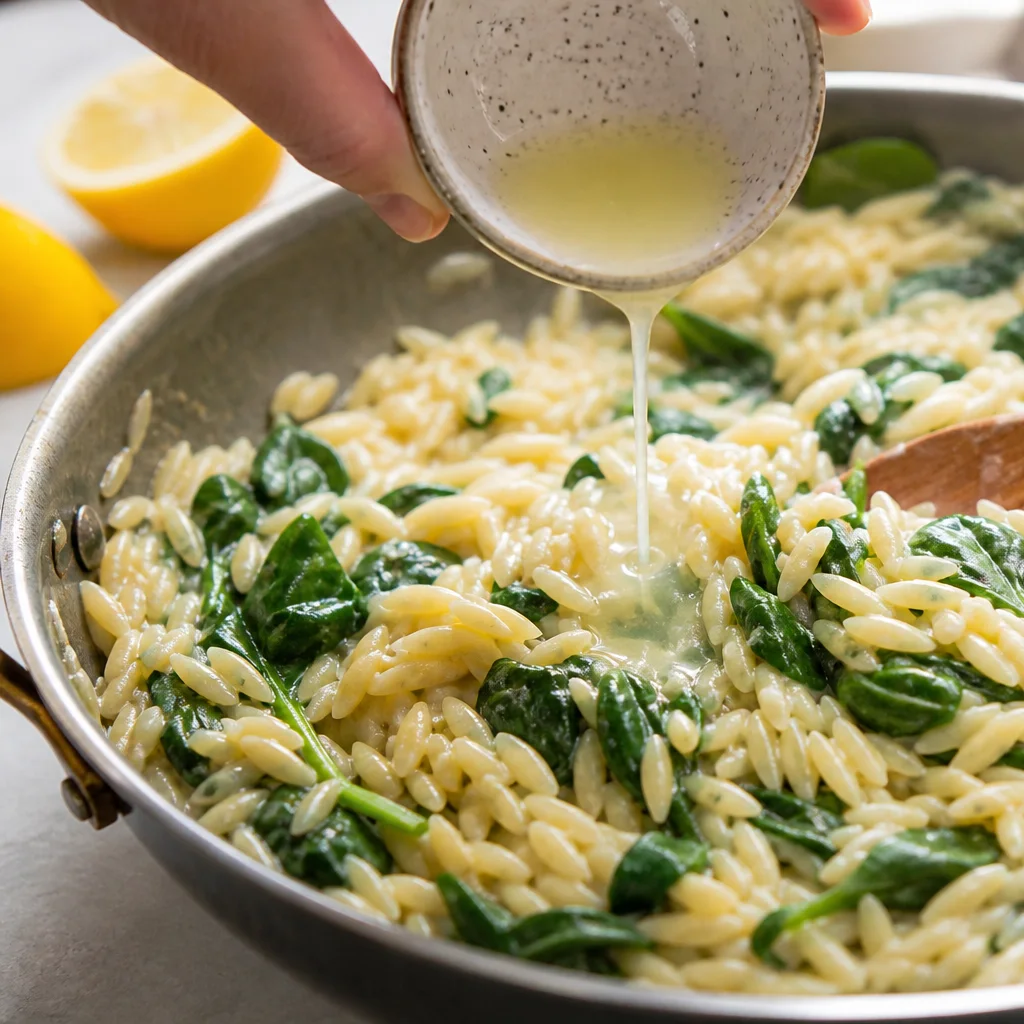 Lemon juice and spinach stirred into creamy orzo pasta