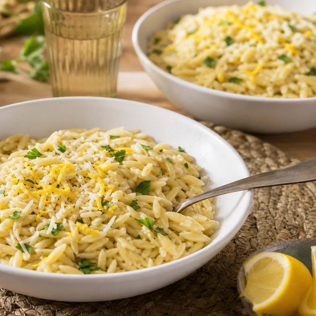 Lemon garlic orzo pasta served in bowls with parmesan and lemon