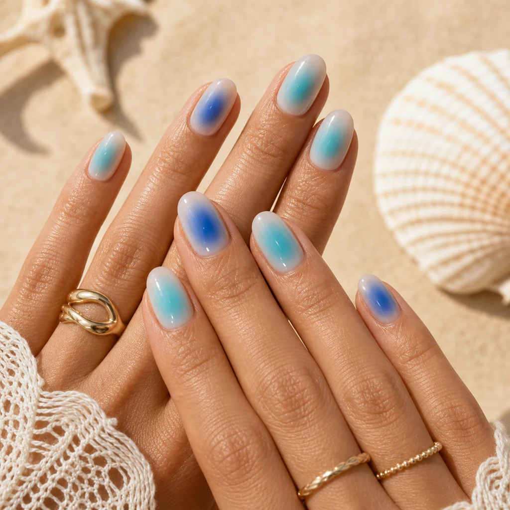 Ocean blue aura nails with aqua and cobalt gradient