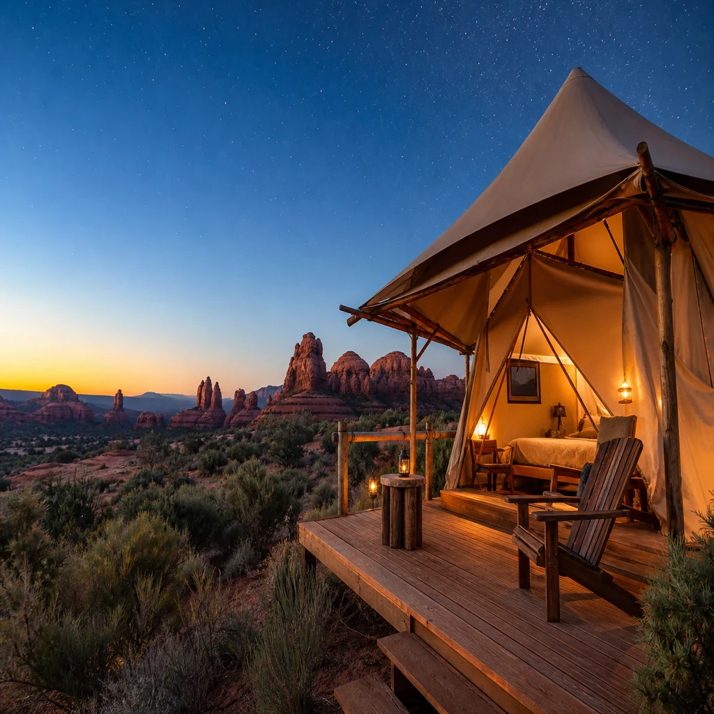 Remote desert glamping tent for an off-grid weekend escape under wide open skies