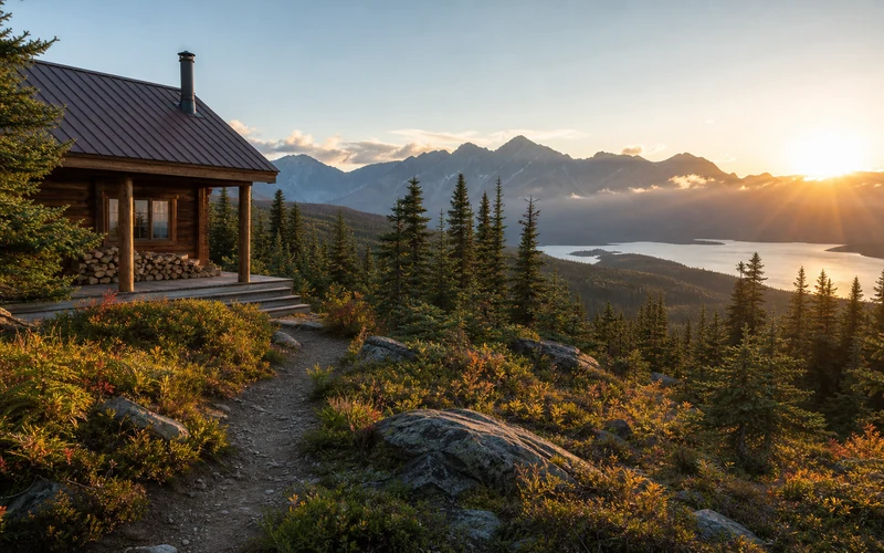 Scenic remote off-grid weekend getaway with forest cabin and mountain views at sunrise