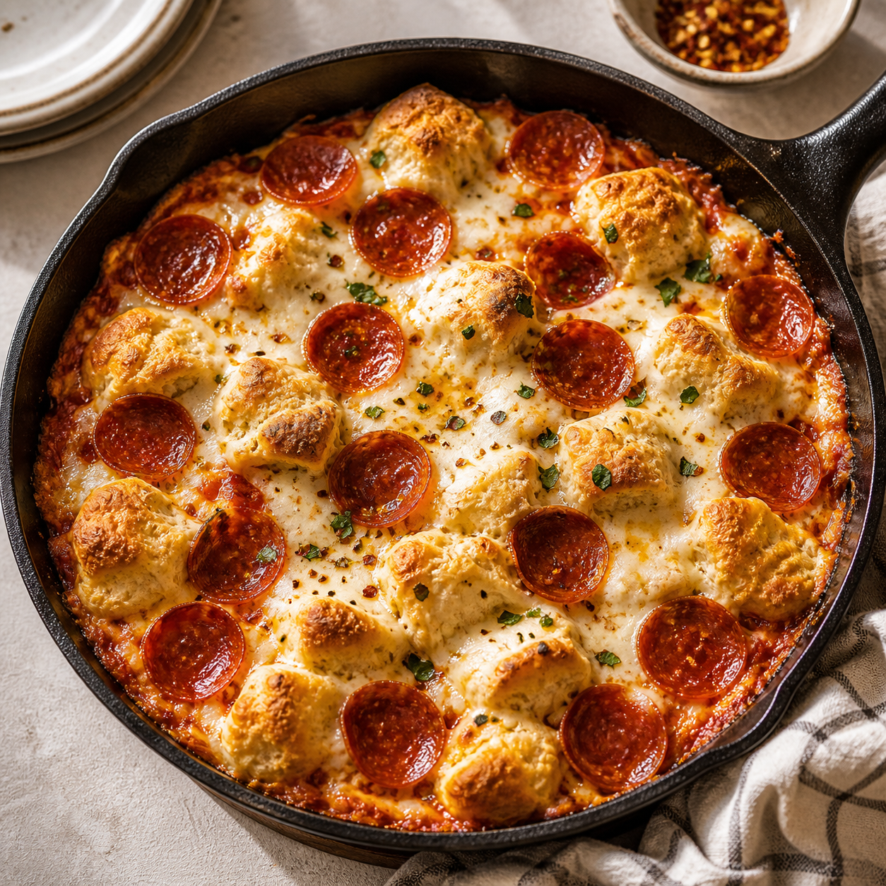One pan pepperoni pizza bake with melted mozzarella pepperoni and golden biscuit pieces