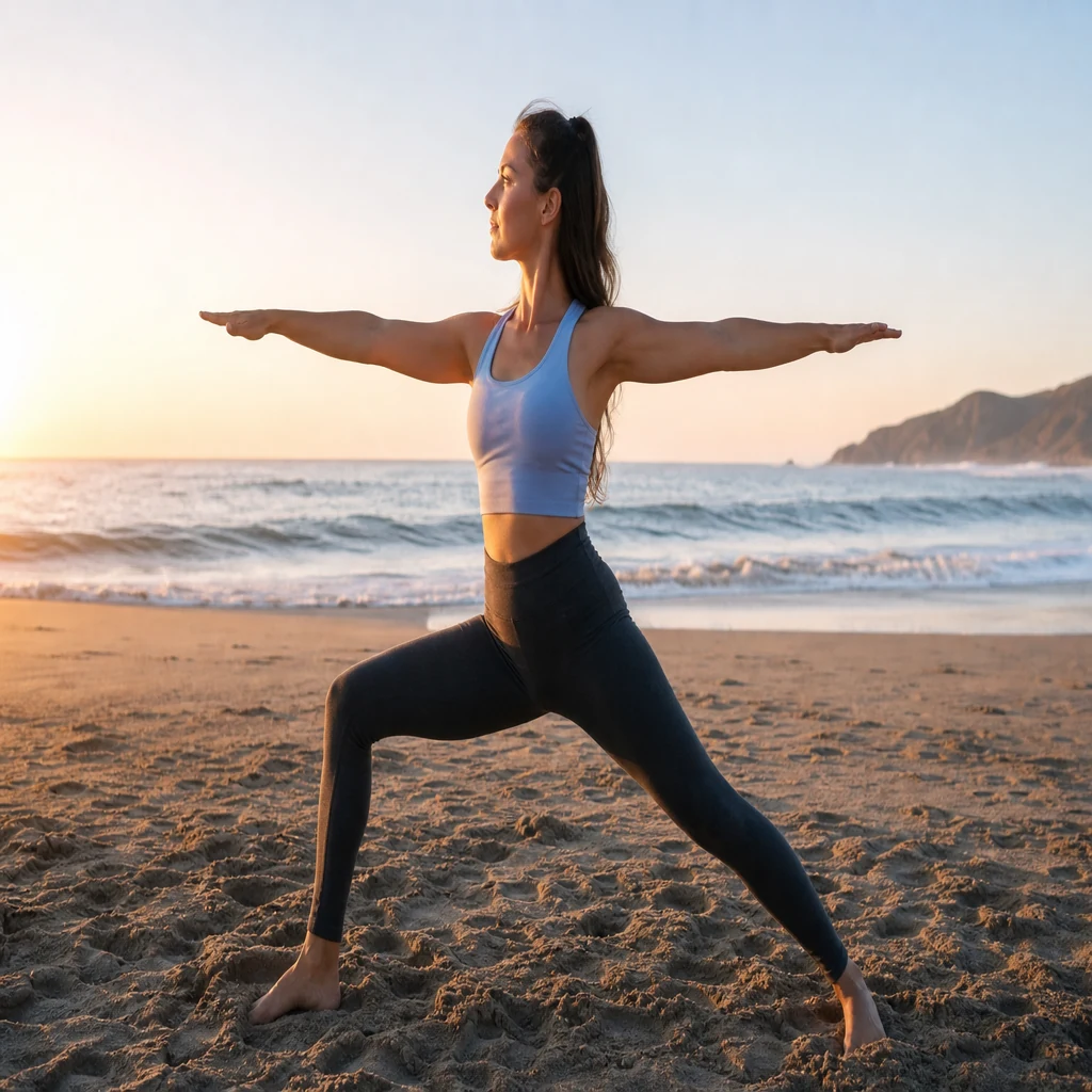 Woman practicing outdoor yoga on a beach at sunrise in summer