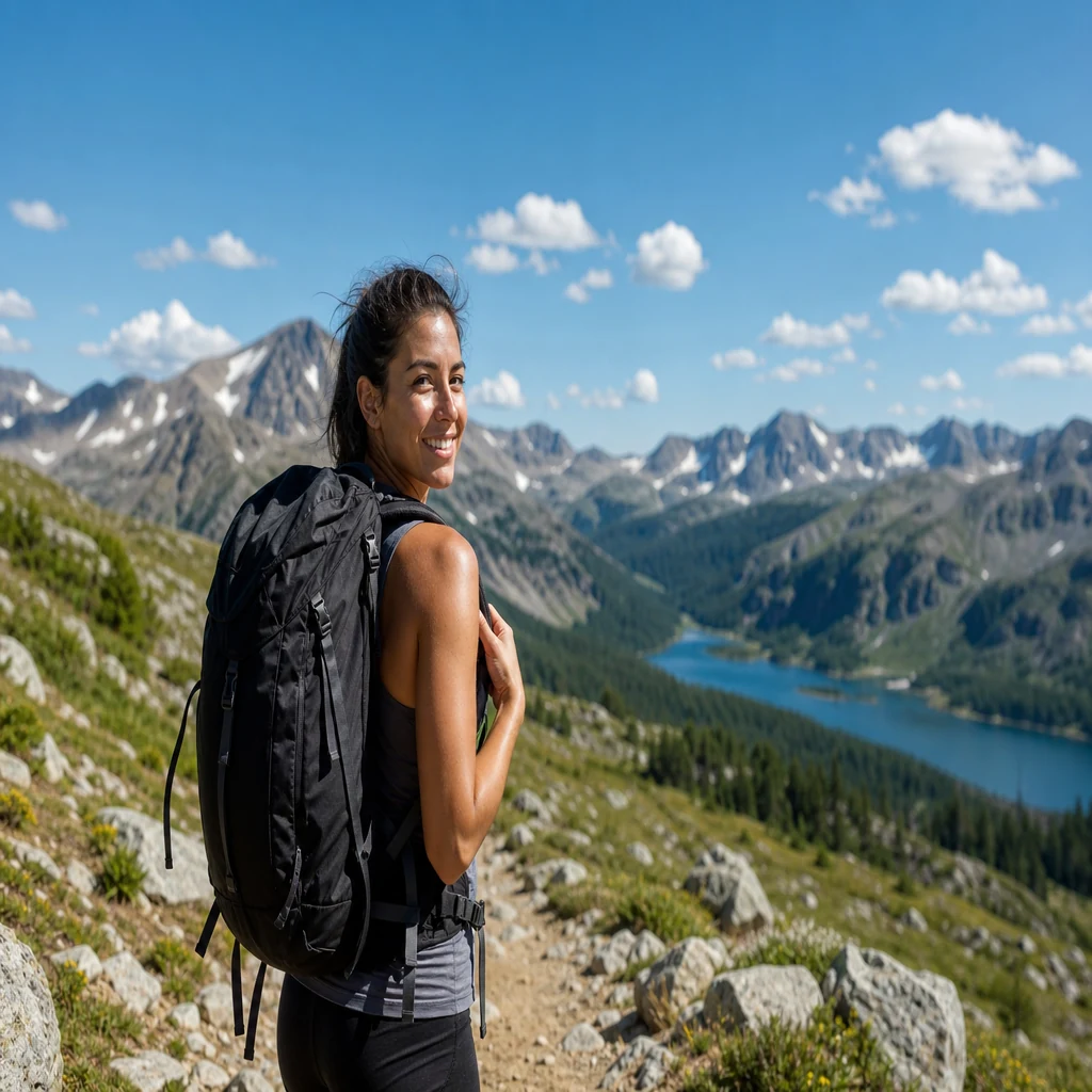 Woman hiking a scenic mountain trail as part of a summer outdoor fitness routine