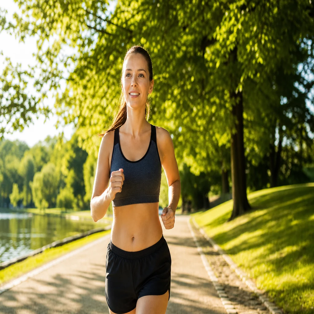 Woman jogging on a sunny summer park trail during an outdoor workout
