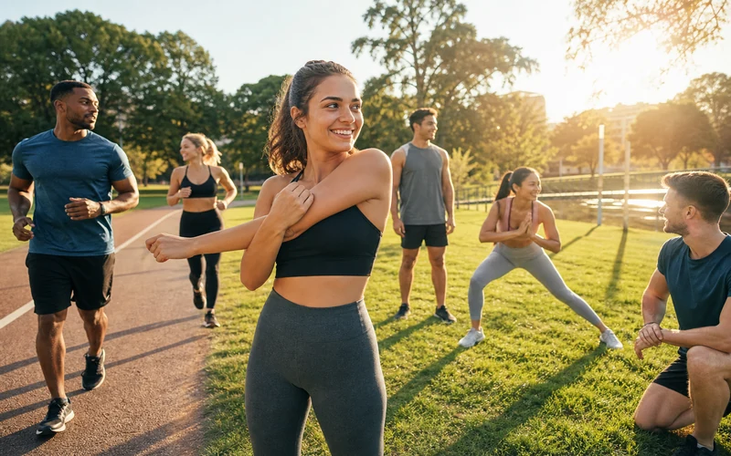 People exercising outdoors in a sunny summer park for outdoor workouts