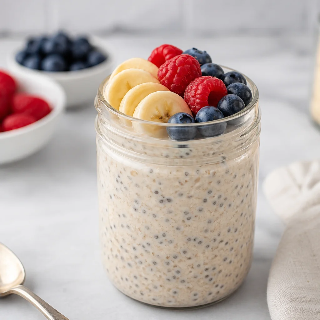 Overnight oats with chia seeds topped with banana and berries in a jar