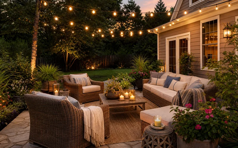Cozy summer patio with string lights and citronella candles for mosquito-free outdoor evenings