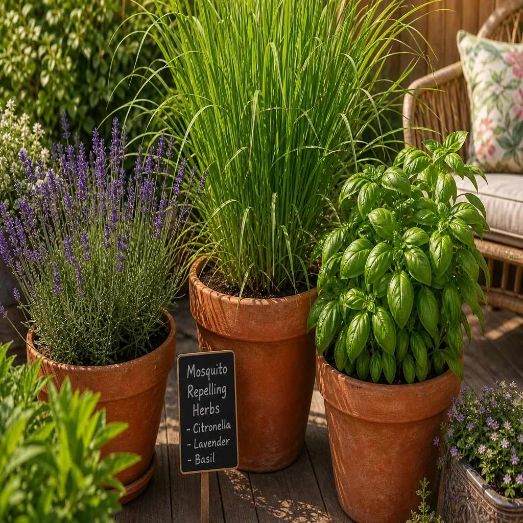 Citronella lavender and basil herbs in patio containers that repel mosquitoes