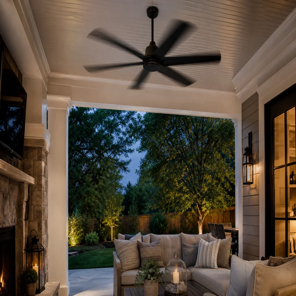 Outdoor patio ceiling fan creating breeze to keep mosquitoes away from seating area