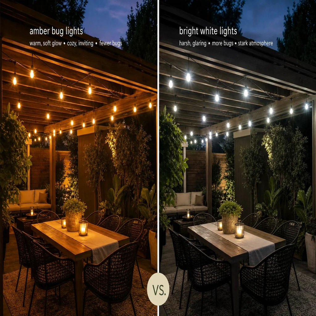 Yellow amber bug lights on patio string lights that attract fewer mosquitoes than white bulbs