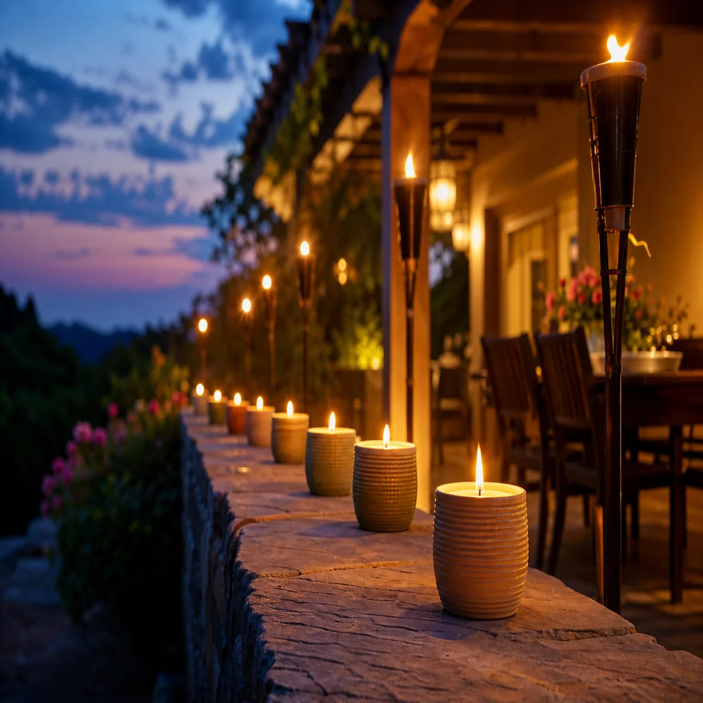Citronella candles and tiki torches lined along patio edge for mosquito control