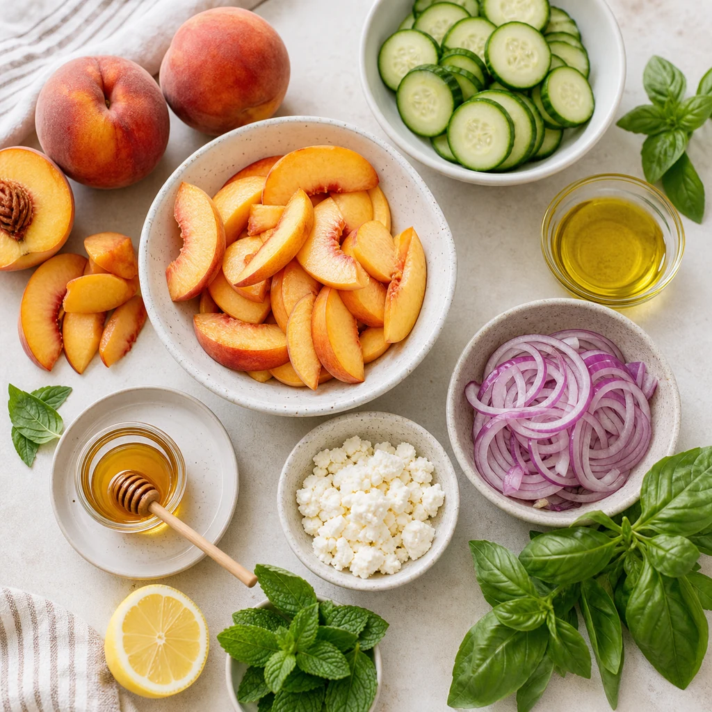Fresh peach cucumber salad ingredients with feta herbs and lemon