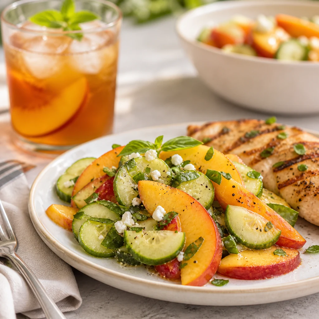 Peach cucumber salad served as a summer side dish